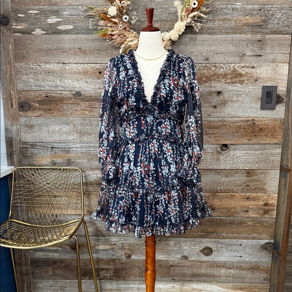 Floral Backless Dress - Navy and Red